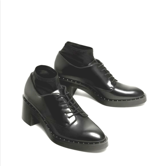 ZARA Trafaluc Heeled Blucher Studded Lace-Up Oxford Shoes 39 8 - Picture 1 of 15